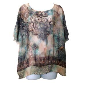 Dressbarn Top Owl Rhinestone Sparkle 3/4 Flowy Sleeve Stretch Waist EUC 14 / 16